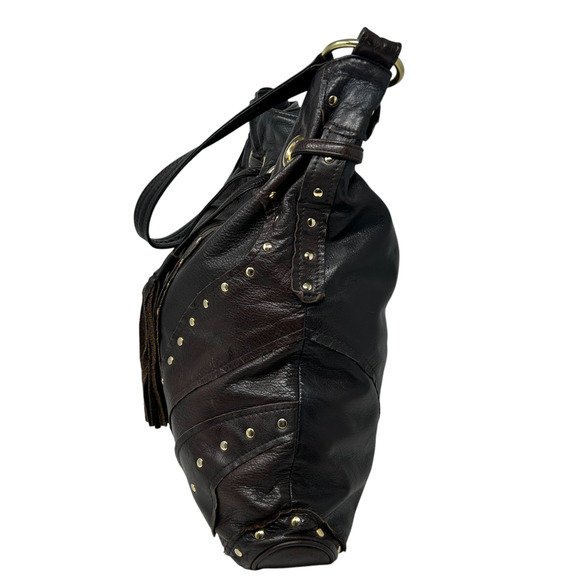 Bulga Brown Leather Studded Bucket Hobo Shoulder Bag Tassel Fringe Boho Hippie - Picture 6 of 16